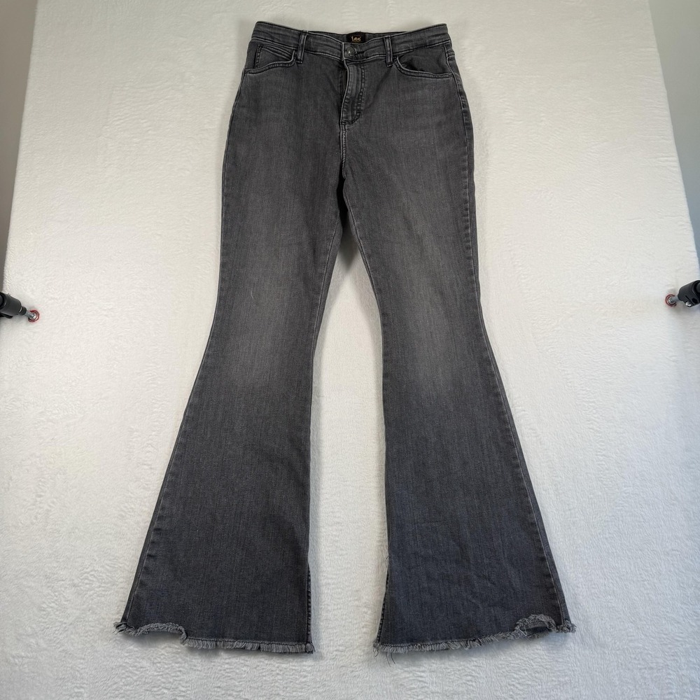 Lee‎ Jeans Womens 12M Gray High Rise Flare Leg Raw Hem Charcoal Stretch Denim